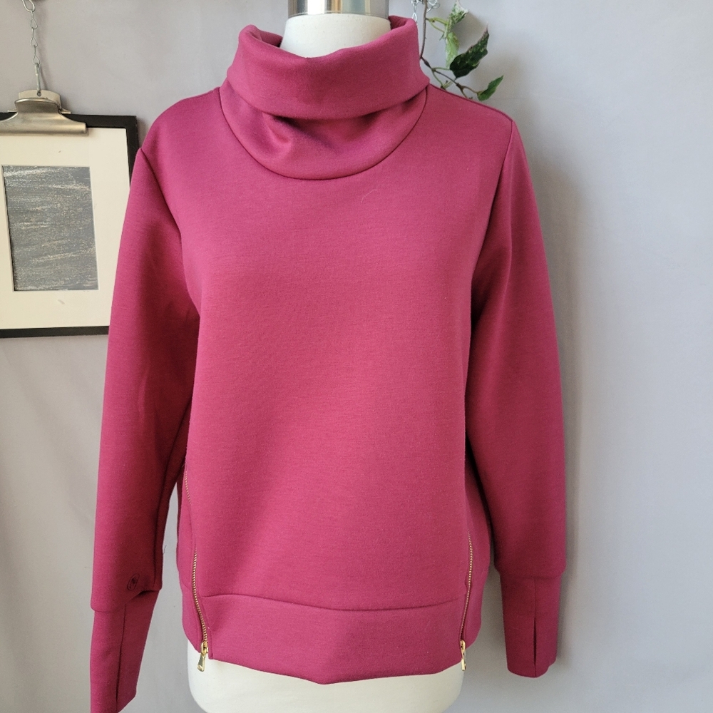 AB Addison Bay Everyday Mock Neck Zip Hem Pullover Sweatshirt Top Cranberry XS